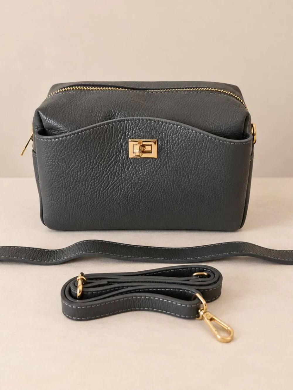 Grey Genuine Leather Crossbody Bag, Italian Leather Shoulder Bag
